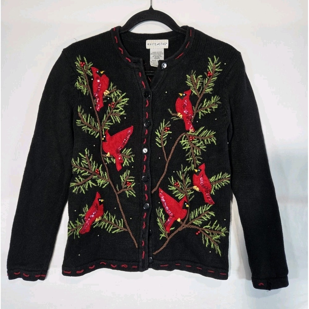 VTG White Stag Cardinal Holidayâ Sweater Women Medium Black Festive Embroidered